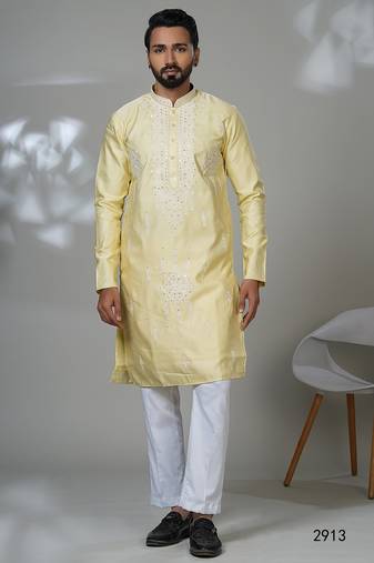 Aesthetic yellow color neck embroidery kurta for men | premium designer men's kurta