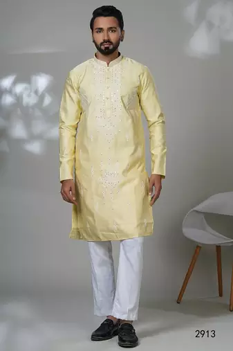 Aesthetic yellow color neck embroidery kurta for men | premium designer men's kurta