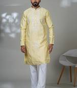 Aesthetic yellow color neck embroidery kurta for men | premium designer men's kurta