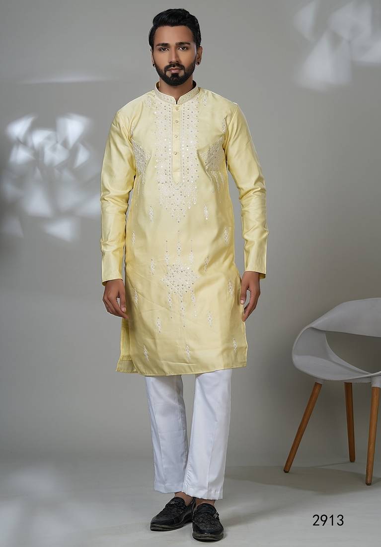 Aesthetic yellow color neck embroidery kurta for men | premium designer men's kurta