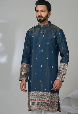 peacock blue cotton poly kurta set with floral embroidery 2
