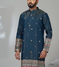 Aesthetic peacock blue color embroidery kurta for men | premium designer men's kurta