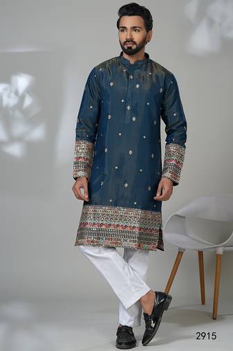 Aesthetic peacock blue color embroidery kurta for men | premium designer men's kurta