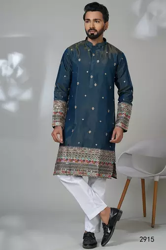 Aesthetic peacock blue color embroidery kurta for men | premium designer men's kurta