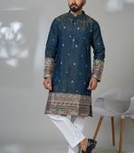 peacock blue cotton poly kurta set with floral embroidery