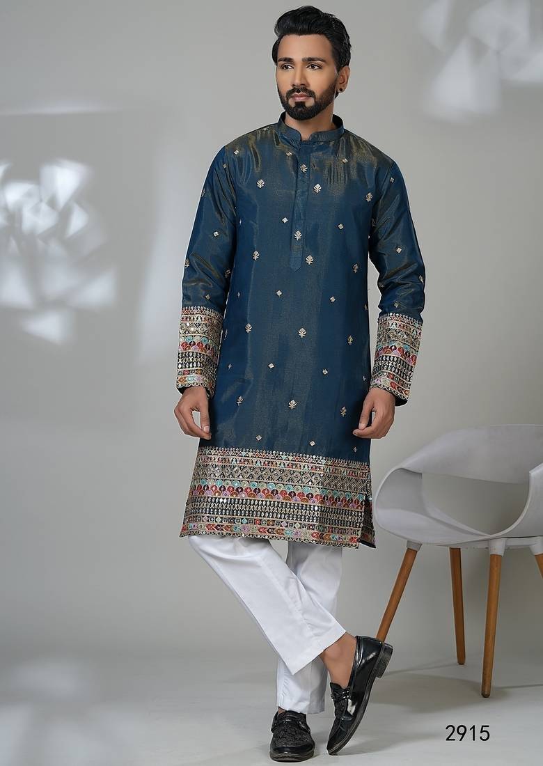 Aesthetic peacock blue color embroidery kurta for men | premium designer men's kurta