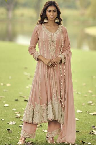 Peach embroiderd premium georgette anarkali suit