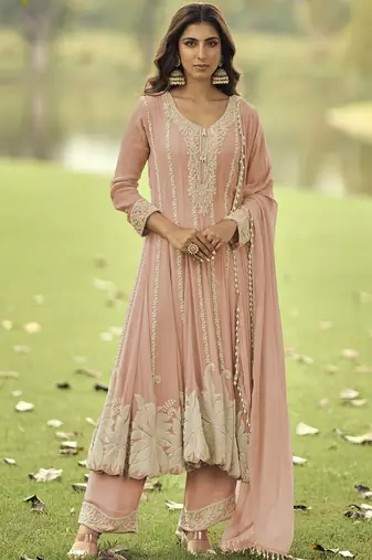 Peach embroiderd premium georgette anarkali suit