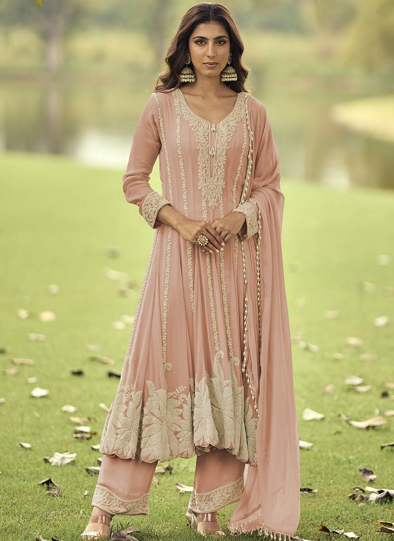 Peach embroiderd premium georgette anarkali suit