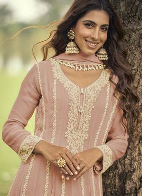 peach embroidered premium georgette anarkali suit 2