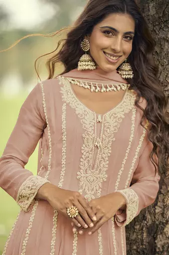 peach embroidered premium georgette anarkali suit