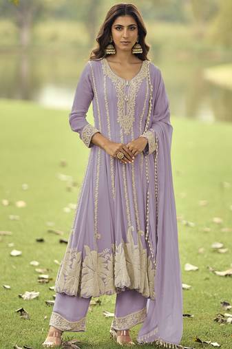 Light-purple embroiderd premium georgette anarkali suit