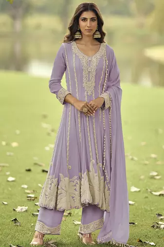 Light-purple embroiderd premium georgette anarkali suit