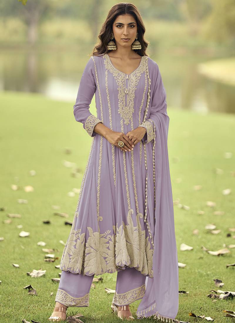Light-purple embroiderd premium georgette anarkali suit