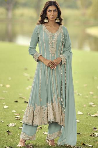 Light-green embroiderd premium georgette anarkali suit