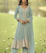 light green embroidered premium georgette anarkali suit
