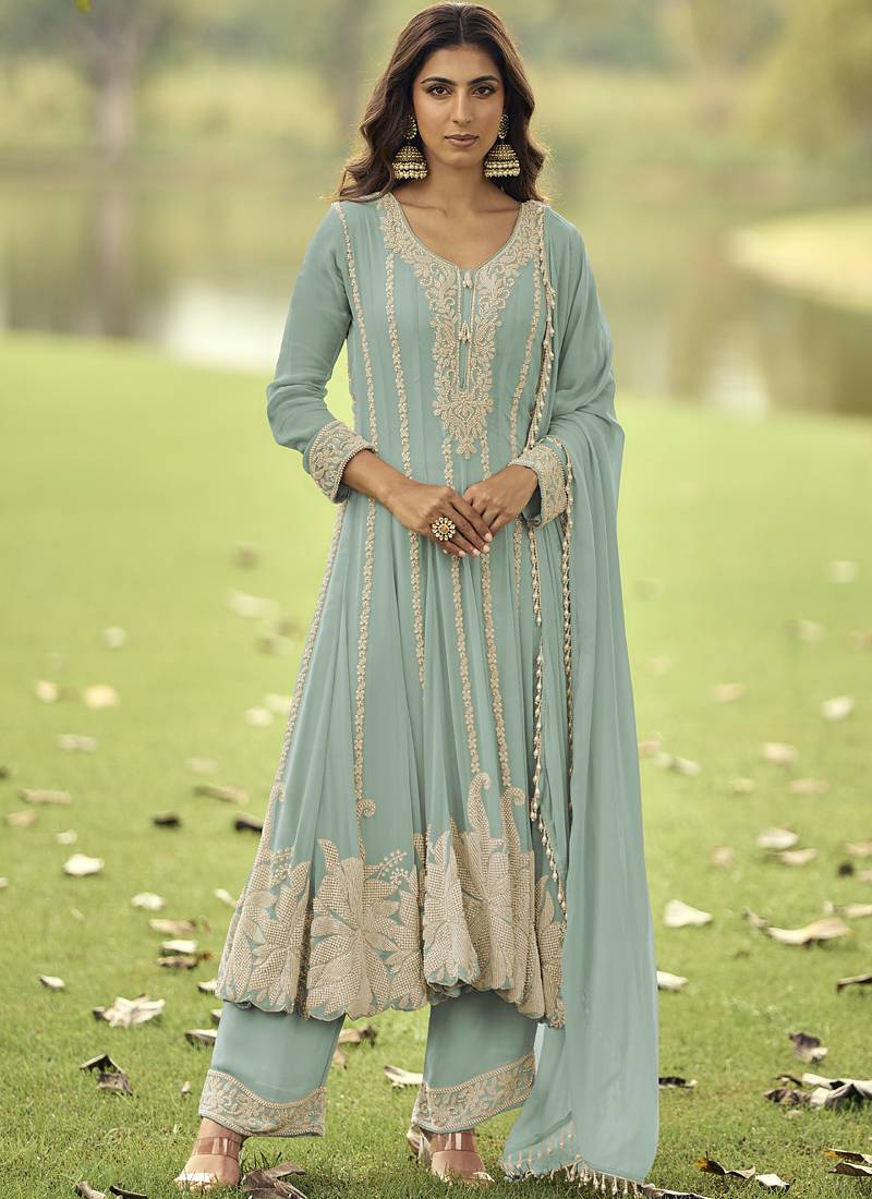 Light-green embroiderd premium georgette anarkali suit