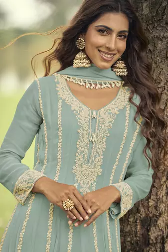 light green embroidered premium georgette anarkali suit