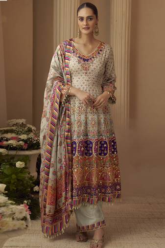 Multicolor printed natural crep silk anarkali suit
