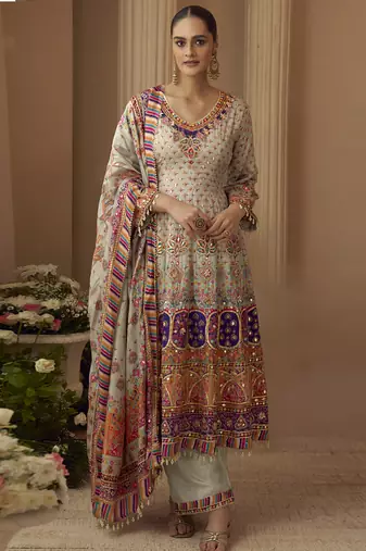 Multicolor printed natural crep silk anarkali suit
