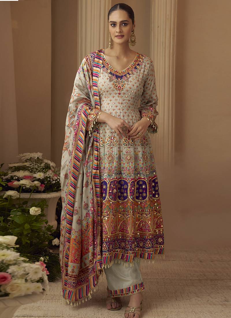 Multicolor printed natural crep silk anarkali suit