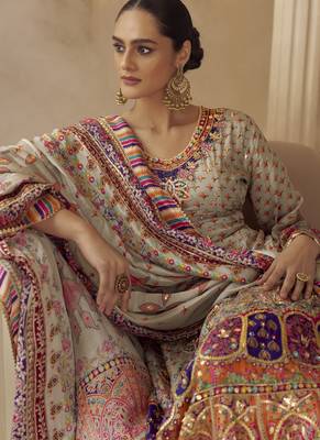 multicolor printed crepe silk kurta with straight pant & dupatta 2