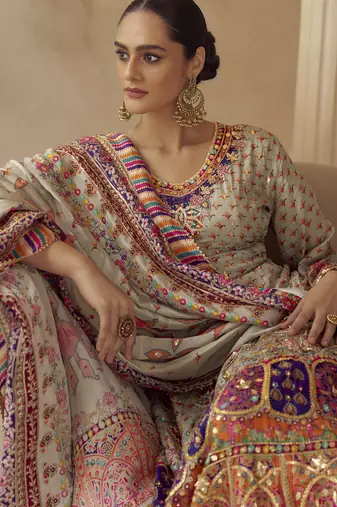 multicolor printed crepe silk kurta with straight pant & dupatta