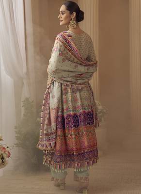 multicolor printed crepe silk kurta with straight pant & dupatta 3