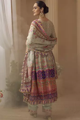 multicolor printed crepe silk kurta with straight pant & dupatta