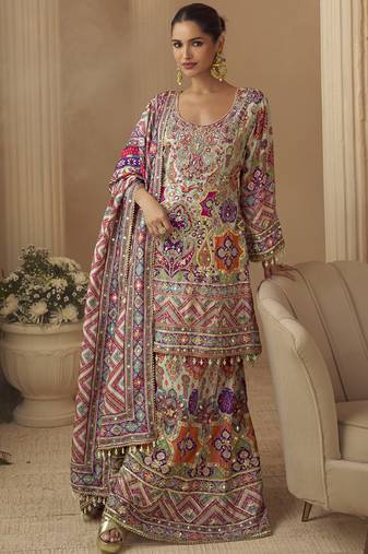 Multicolor printed natural crep silk anarkali suit
