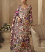 multicolor crepe silk printed kurta palazzo suit with dupatta
