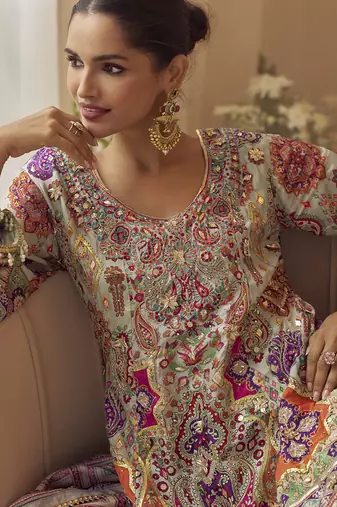 multicolor crepe silk printed kurta palazzo suit with dupatta