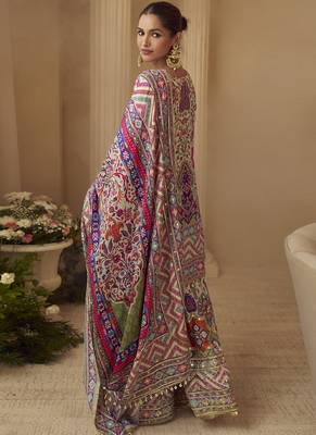 multicolor crepe silk printed kurta palazzo suit with dupatta 3