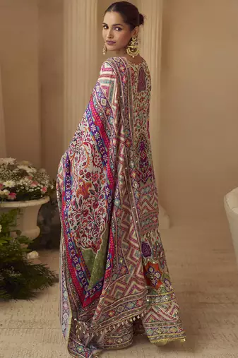 multicolor crepe silk printed kurta palazzo suit with dupatta