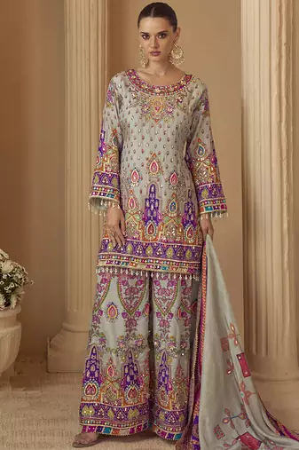 Multicolor printed natural crep silk anarkali suit