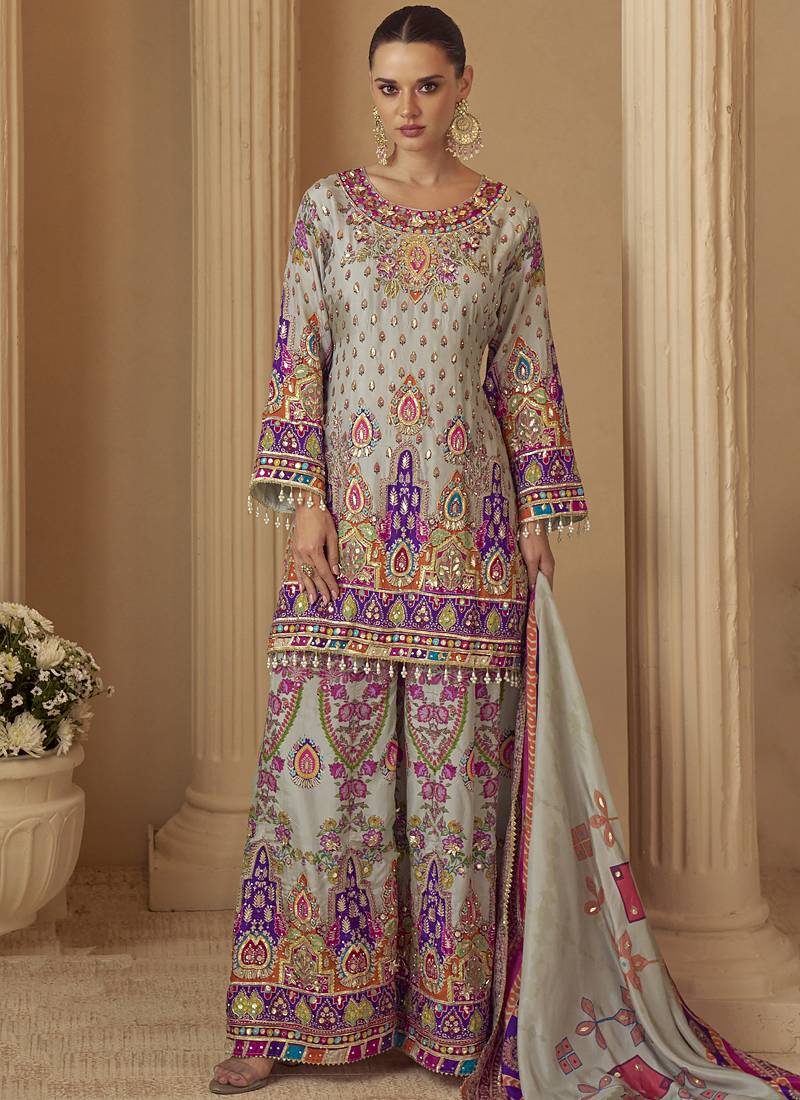 Multicolor printed natural crep silk anarkali suit