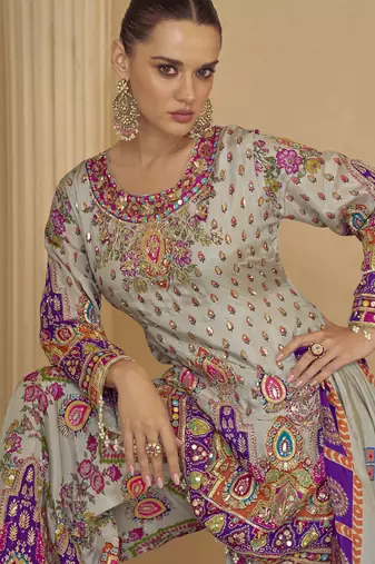 multicolor printed natural crepe silk kurta palazzo set