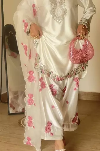 White japan satin with embroidery sequins and beads work farshi salwar kameez with dupatta size up to 42
