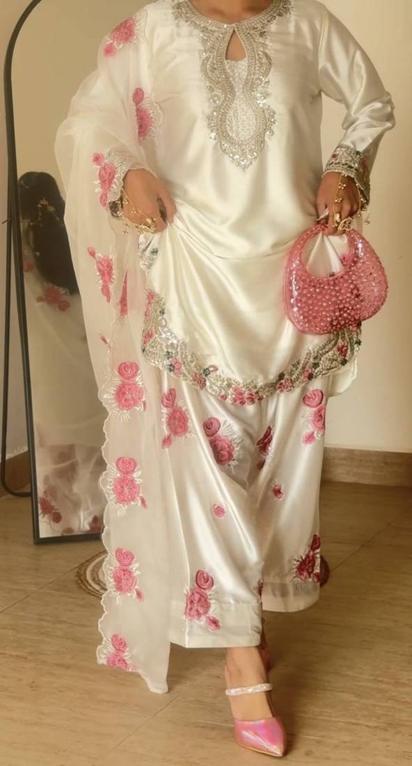 White japan satin with embroidery sequins and beads work farshi salwar kameez with dupatta size up to 42