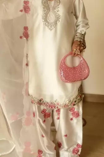 white japan satin embroidered farshi salwar kameez set