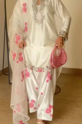 white japan satin embroidered farshi salwar kameez set