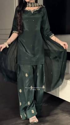 Black crep silk embroidery work farshi salwar kameez with dupatta size up to 42 1