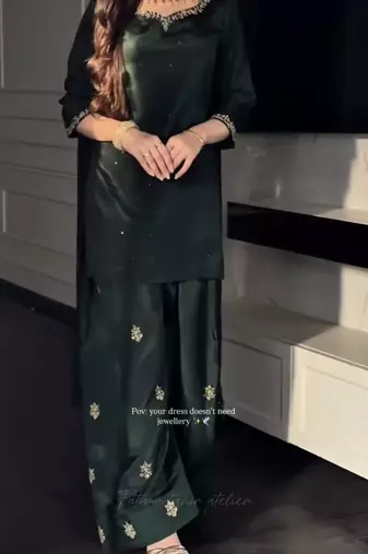 Black crep silk embroidery work farshi salwar kameez with dupatta size up to 42
