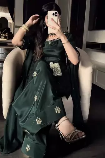 Black crep silk embroidery work farshi salwar kameez with dupatta size up to 42