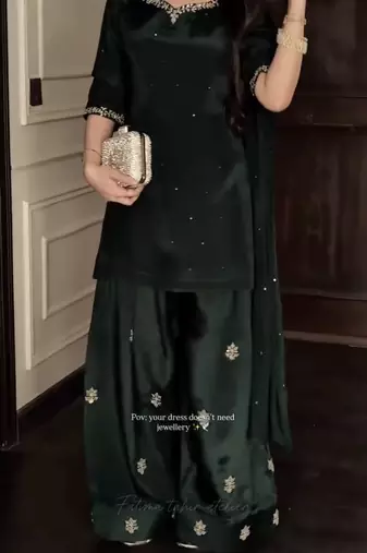 Black crep silk embroidery work farshi salwar kameez with dupatta size up to 42