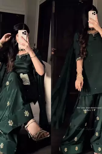Black crep silk embroidery work farshi salwar kameez with dupatta size up to 42