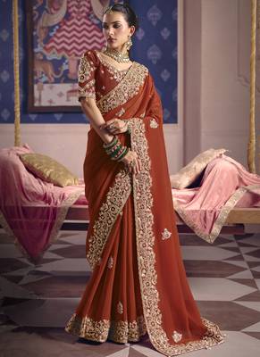 red embroidered silk wedding saree 1