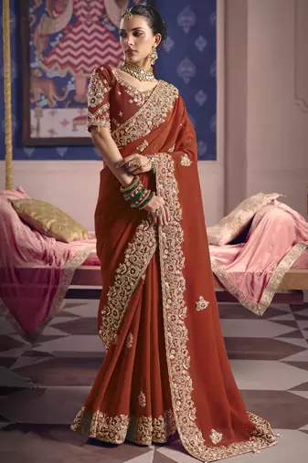 Red silk embroidered wedding wear saree