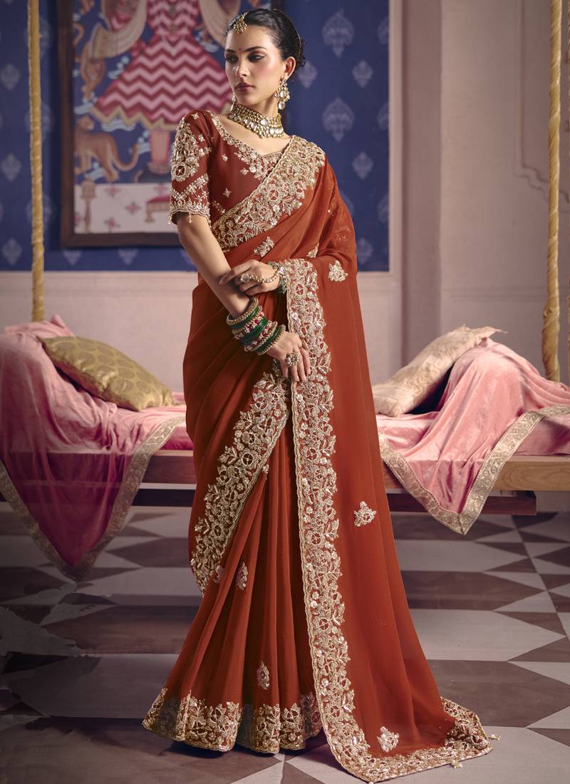 Red silk embroidered wedding wear saree