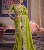 parrot green embroidered silk wedding saree